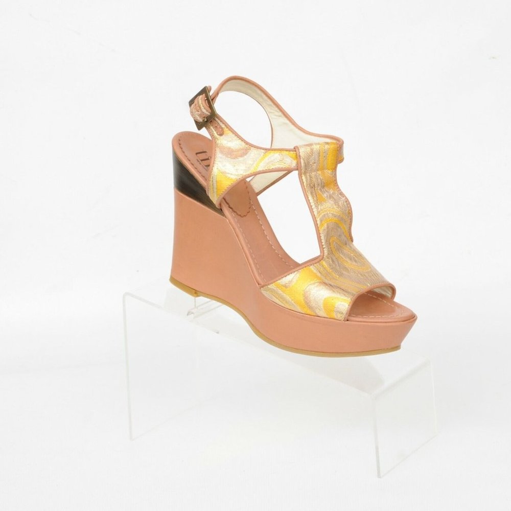 Tibi New York Yellow Brown Brocade Open Toe Strappy Platform Wedge Womens US 8.5